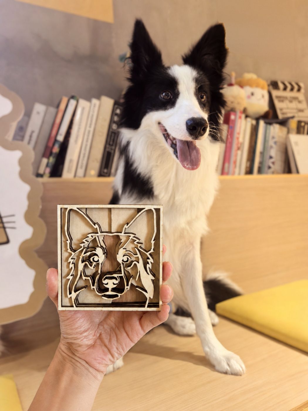 A border collie sitting behind its natural wood portrait in a book-lined study
