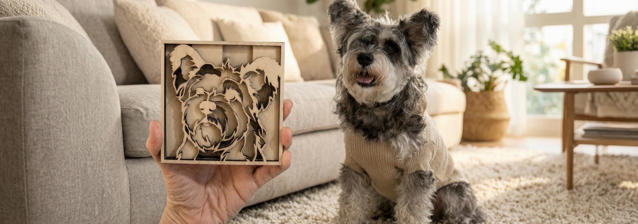 A schnauzer sitting in a living room beside its natural basswood portrait held in hand