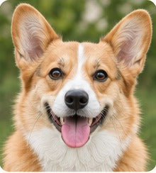 A corgi facing the camera, sharply in focus in soft daylight