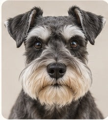 A schnauzer in true, unfiltered colour against a plain wall