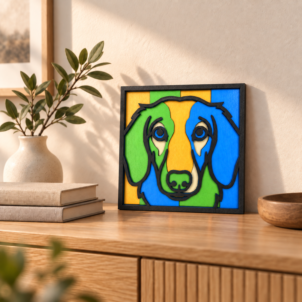 A Carnival layered basswood portrait displayed on a wooden console in sunlight