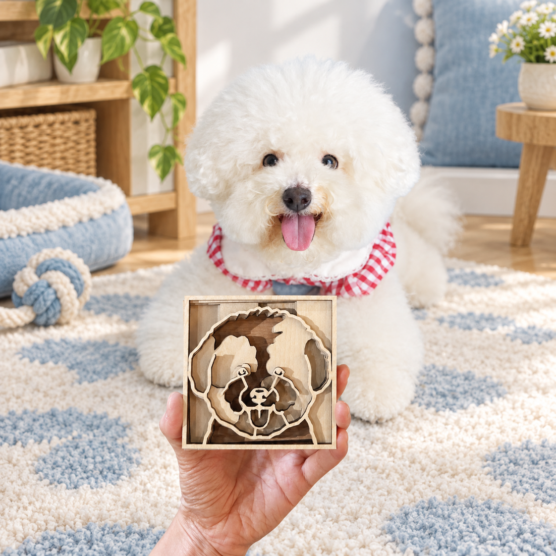A bichon frise in a red check bandana beside its layered basswood portrait