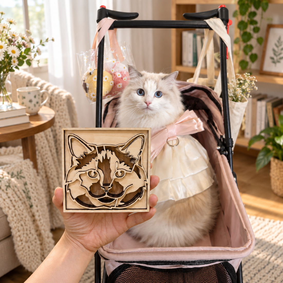 A cat in a stroller beside its custom layered basswood portrait