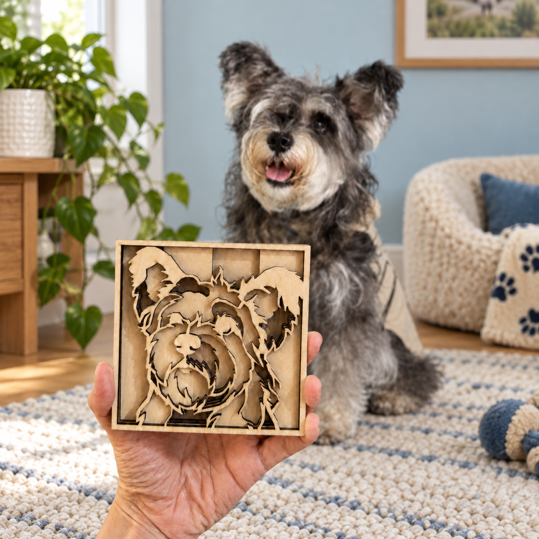 A schnauzer beside its custom layered basswood portrait