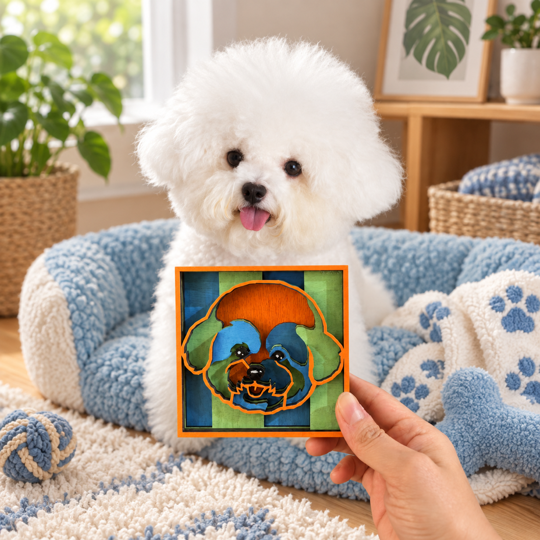 A bichon frise beside its colourful layered portrait with an orange frame