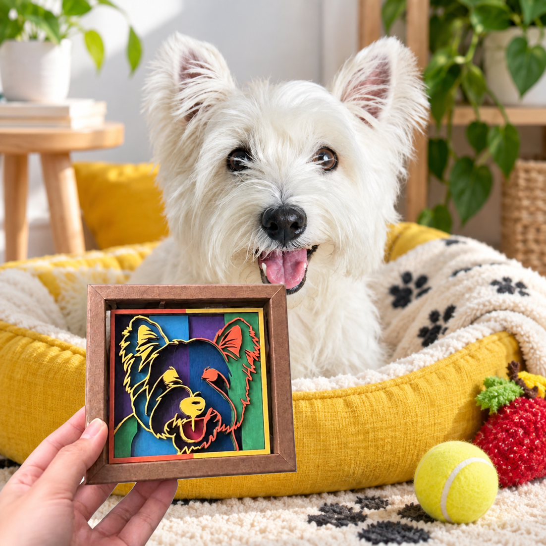 A West Highland white terrier beside its colourful Carnival layered portrait