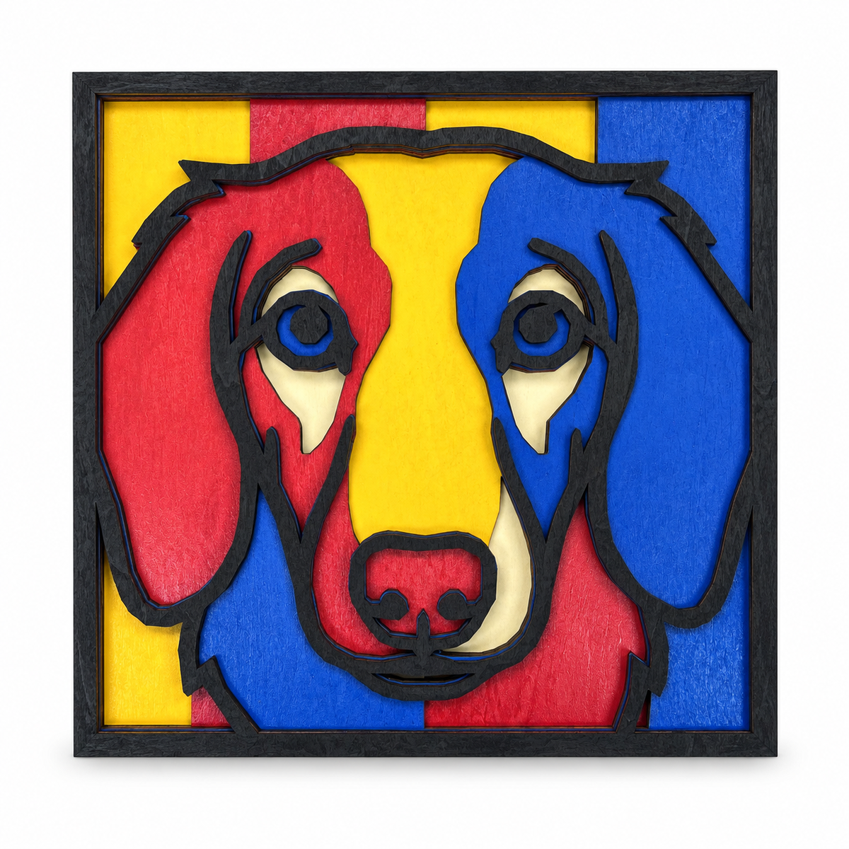 A Carnival layered basswood portrait of a long-eared dog, on a white background