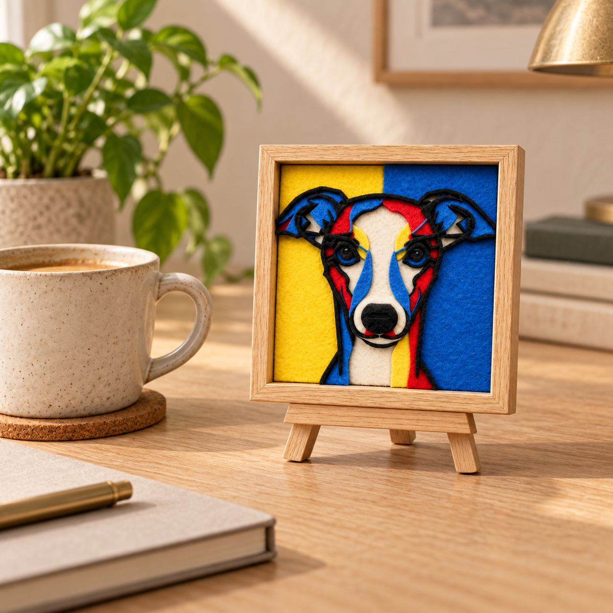 A felt greyhound portrait on a mini wooden easel beside a coffee cup