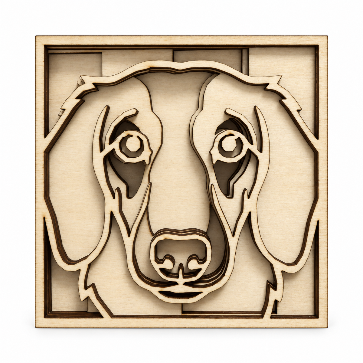 A Natural layered basswood portrait of a long-eared dog, on a white background