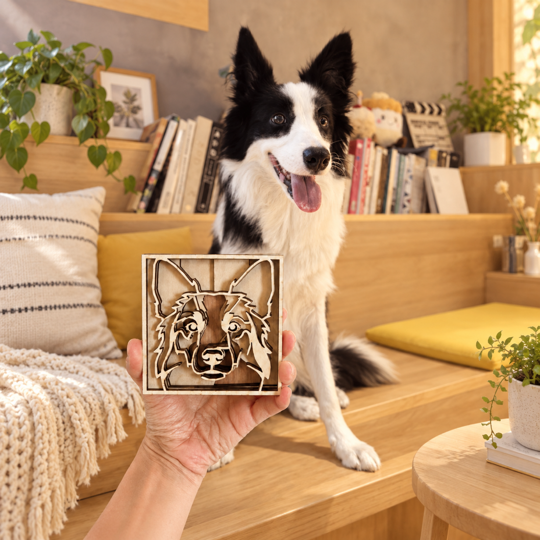 A border collie beside its custom layered basswood portrait