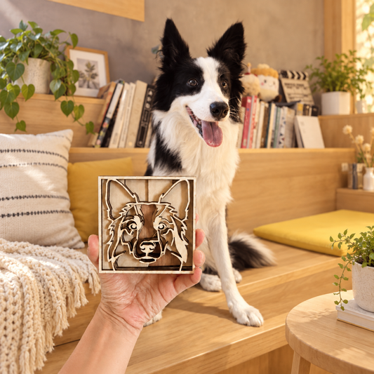 A border collie beside its custom layered basswood portrait