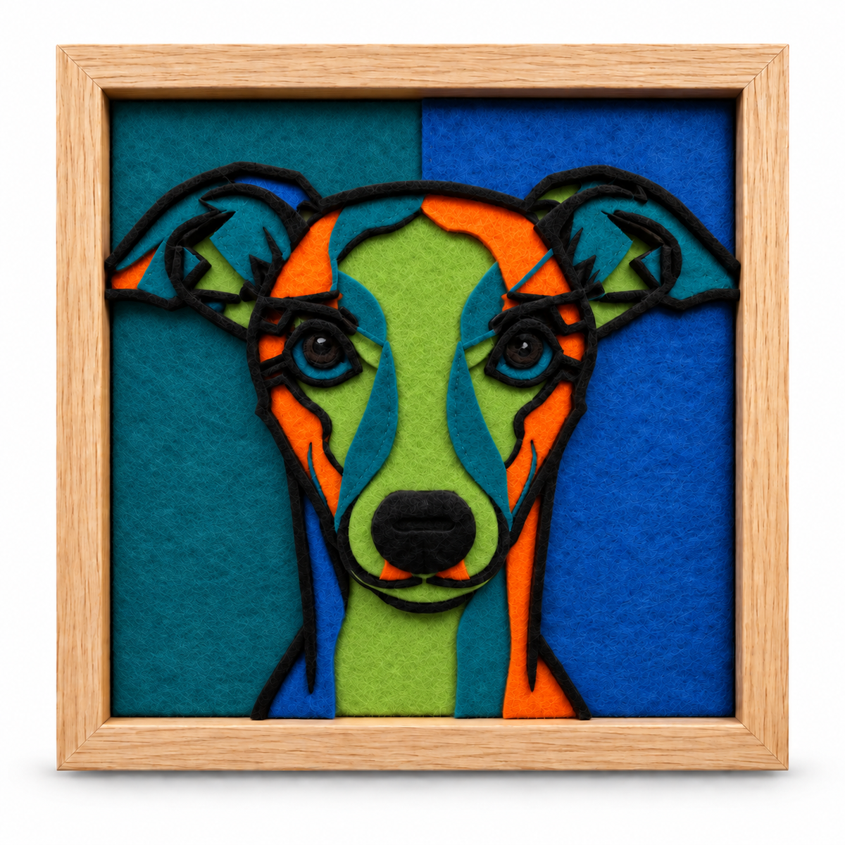 A felt portrait of a greyhound in teal and orange, framed in light wood