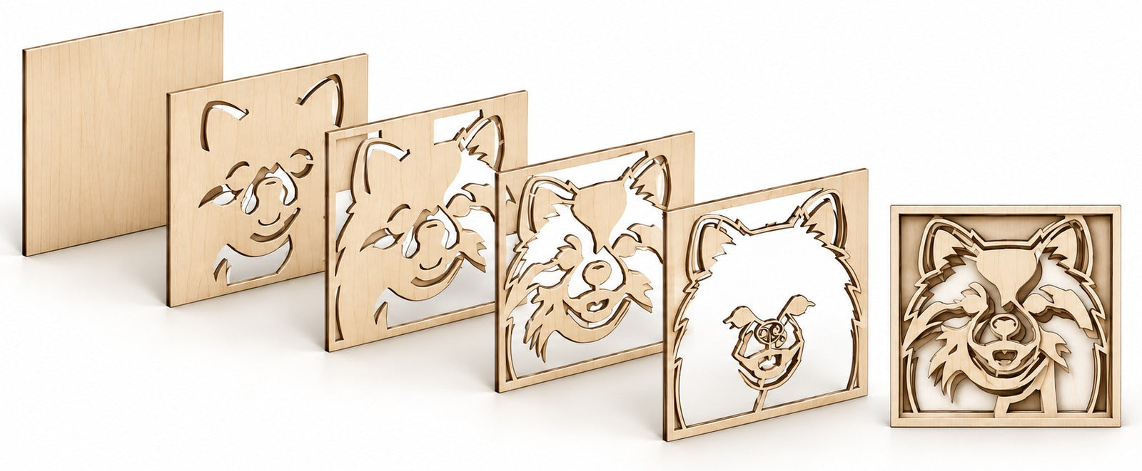 Exploded view of a pet portrait's five laser-cut layers, from the background panel to the top line-work, beside the assembled piece