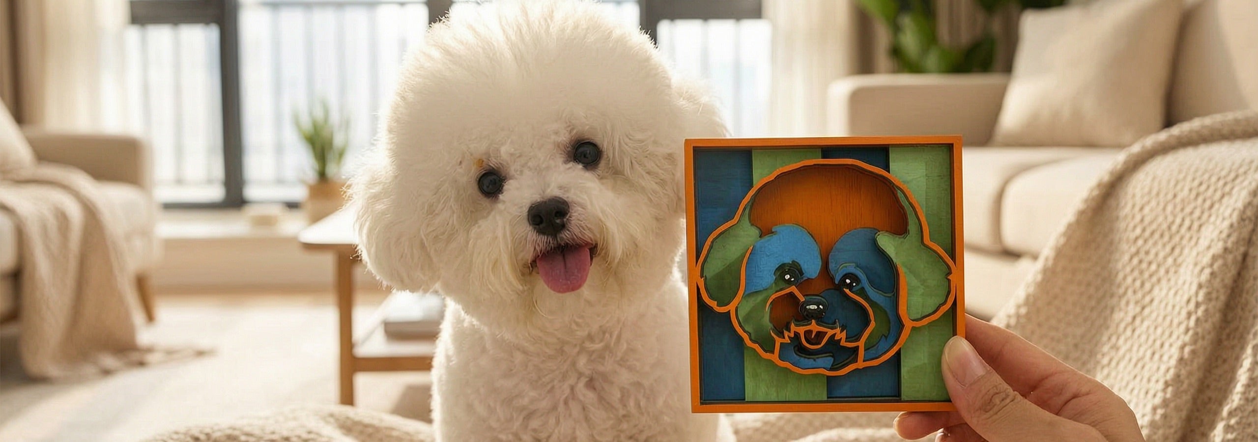 A bichon frise sitting beside its five-layer meadow color portrait