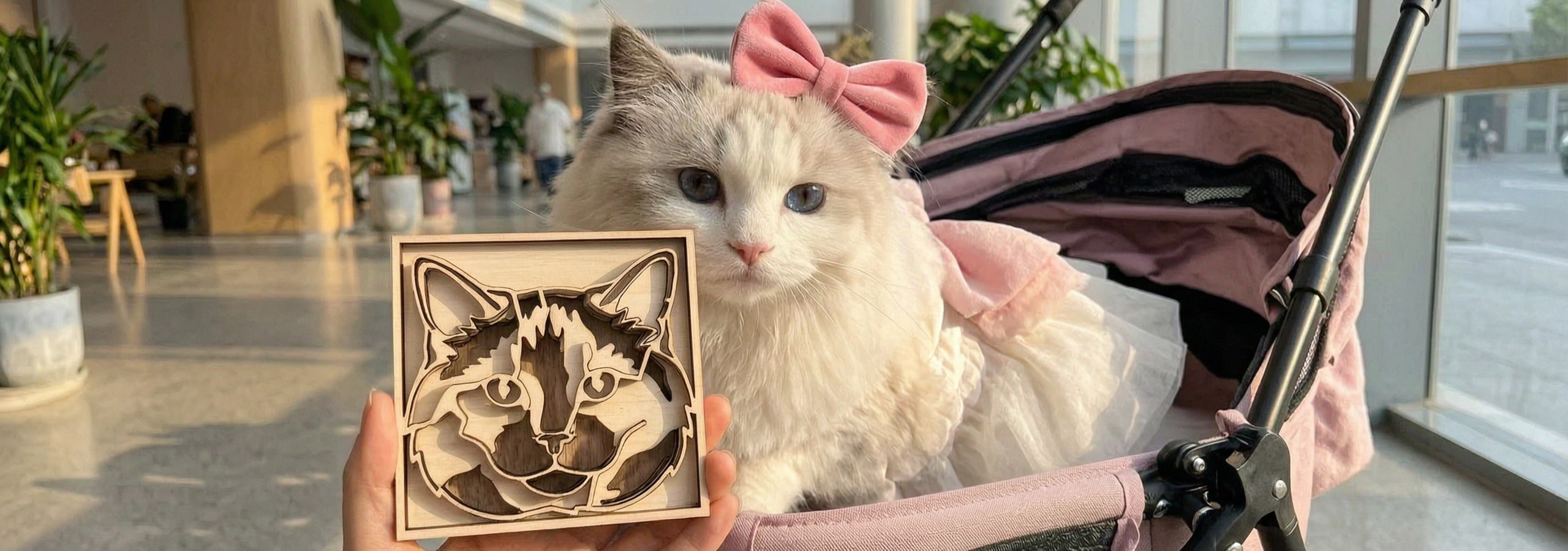A cat in a stroller beside its natural basswood layered portrait