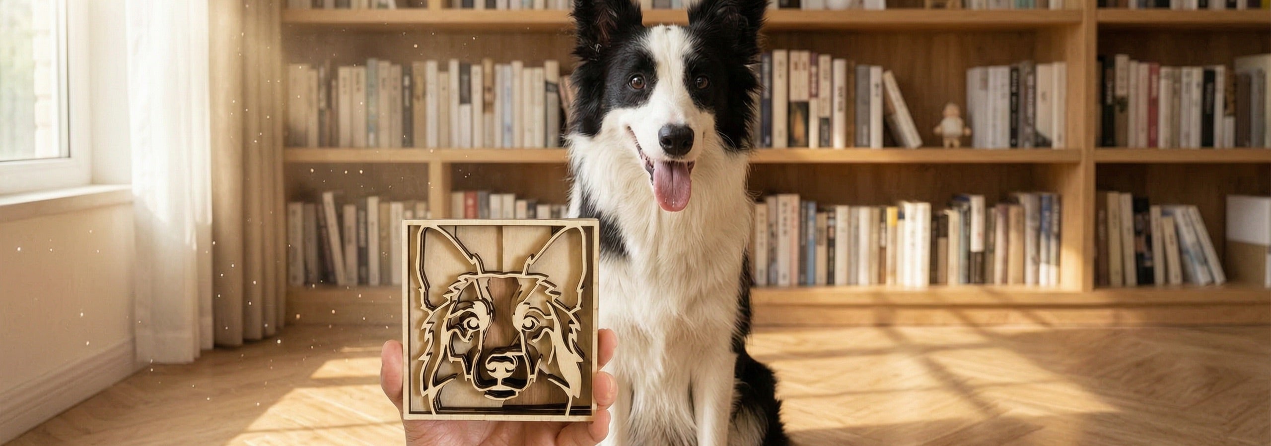 A border collie in a sunlit study beside its natural wood portrait
