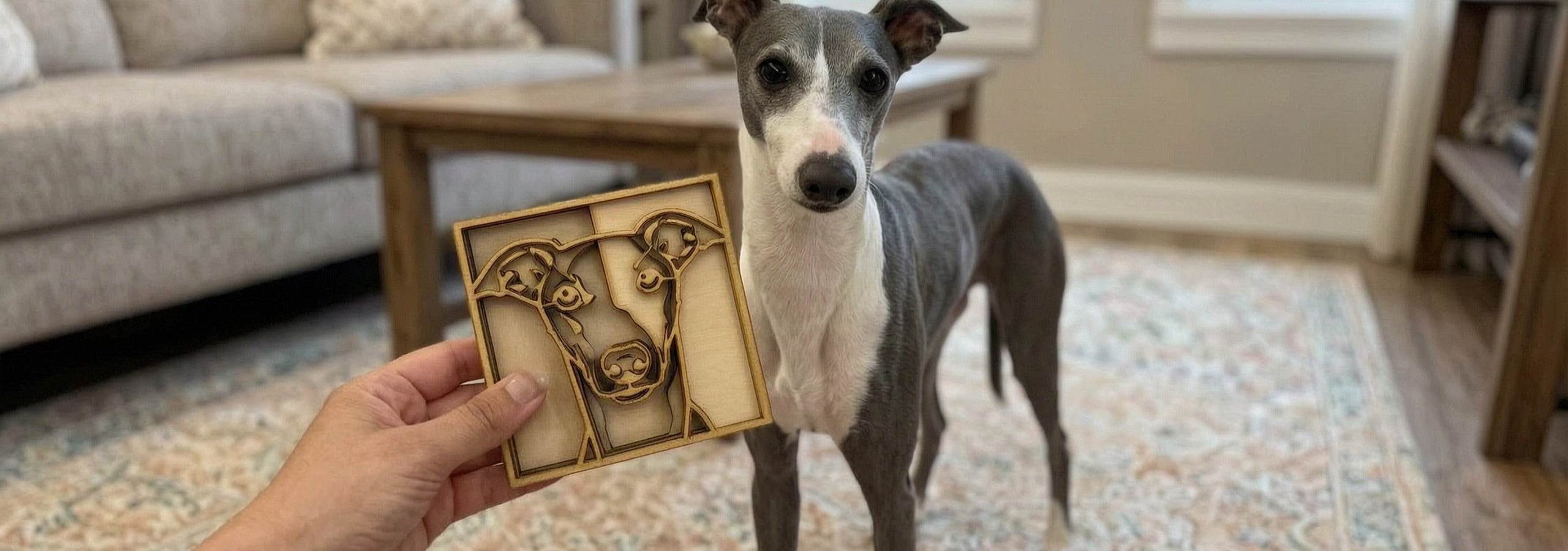 A greyhound in a living room beside its layered portrait