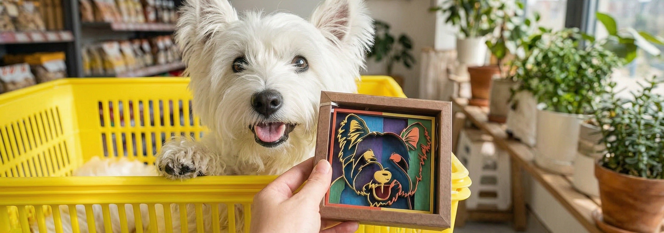 A west highland terrier beside a shopping basket and its portrait