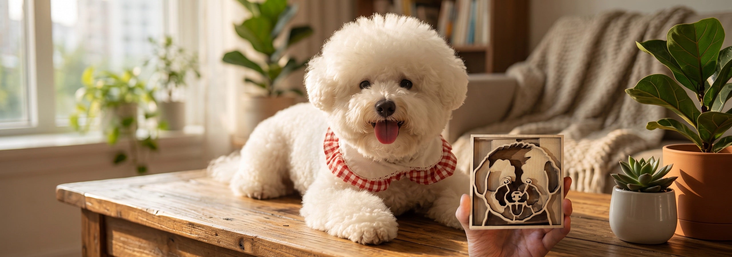 A pet portrait displayed in a warm home interior