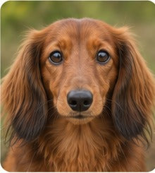 A dachshund close enough that every whisker reads