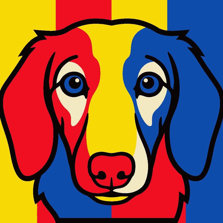 Design proof for the Carnival set: the same dog in red, yellow, blue and cream