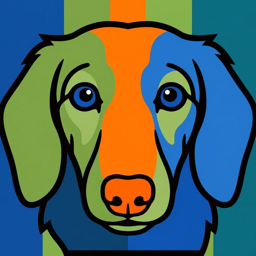 Design proof for the Meadow set: the same dog in green, orange, blue and teal