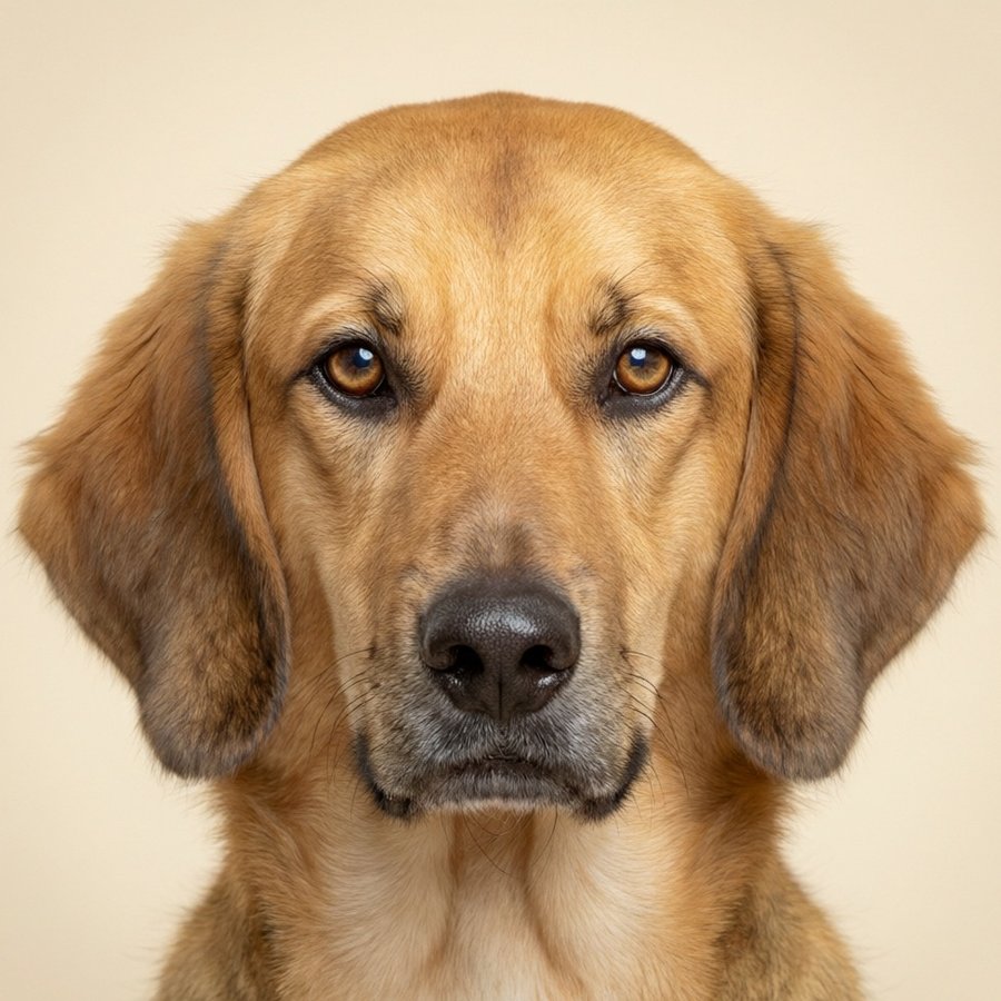 A customer photo: front-facing portrait of a golden drop-eared dog on a cream background