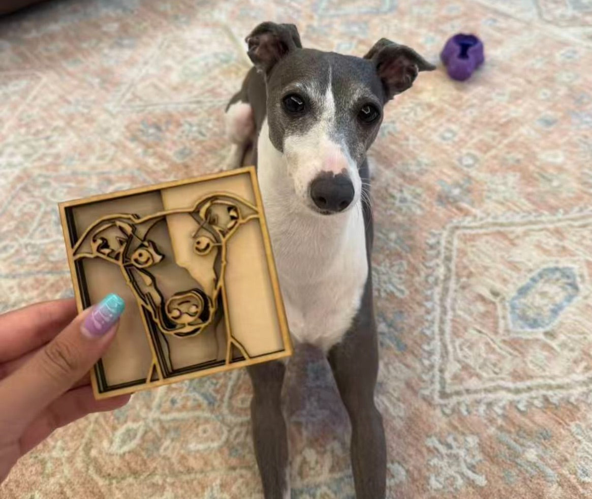 A whippet standing at home beside its natural basswood portrait held in hand