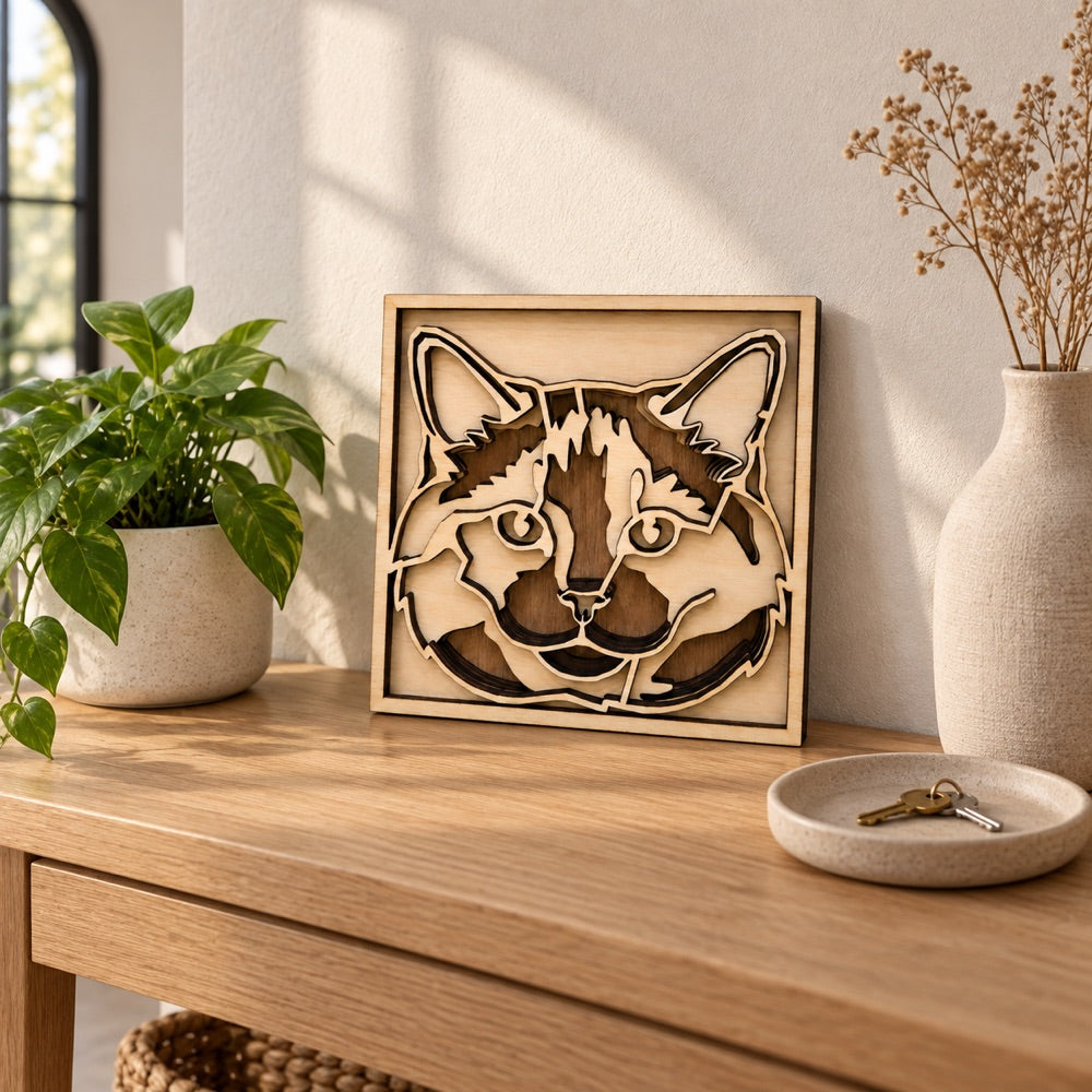 A cat portrait leaning on a console table in a sunlit entryway