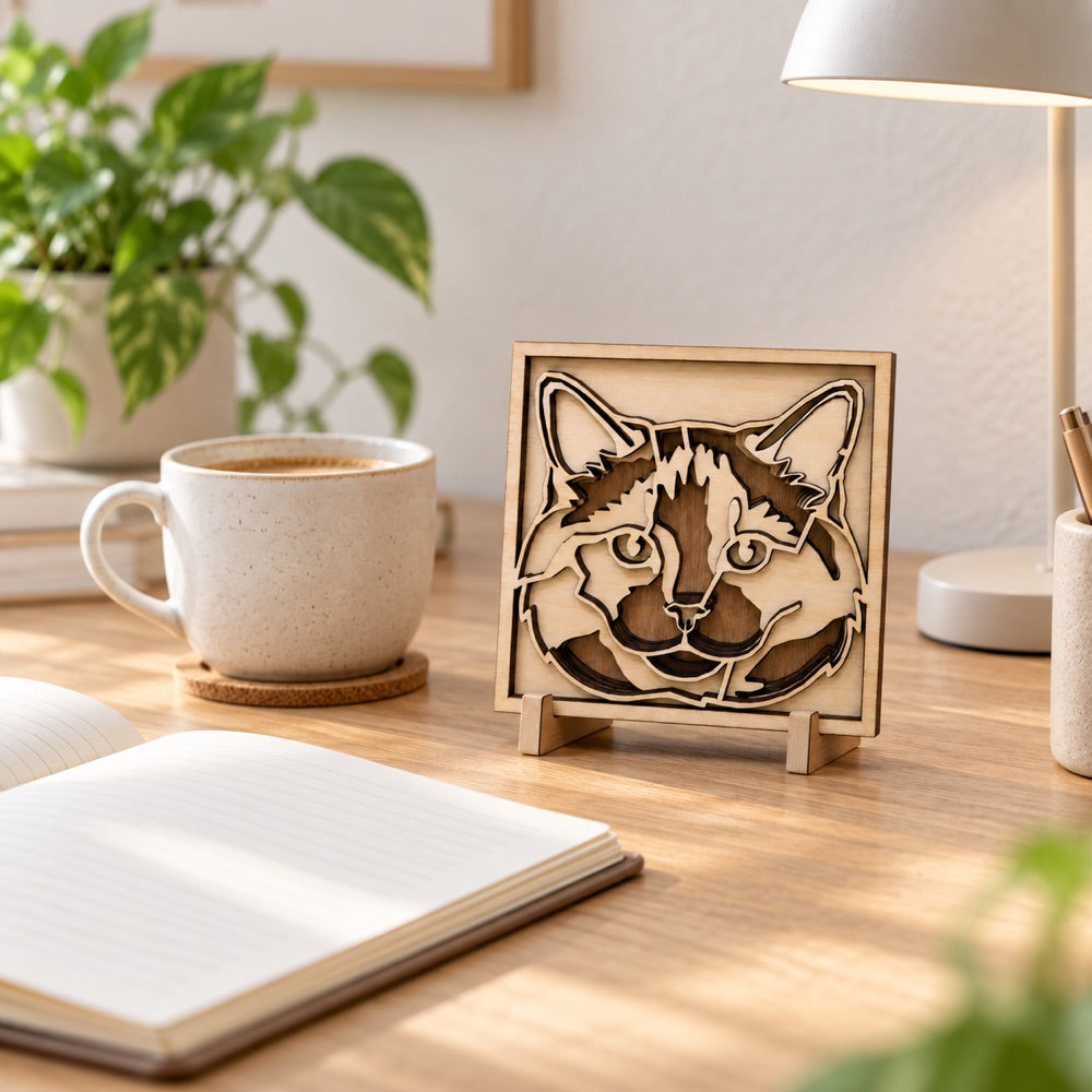 A 10 cm natural basswood cat portrait propped on a small wooden easel on a sunny desk beside a coffee cup and notebook