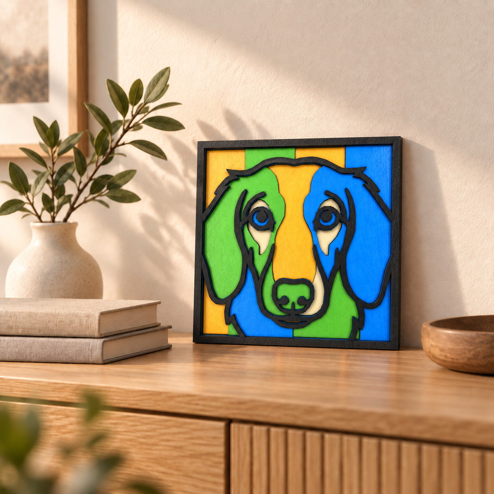 A 20 cm Meadow color layered basswood dog portrait in a black frame leaning against the wall on an oak sideboard beside stacked books and a vase
